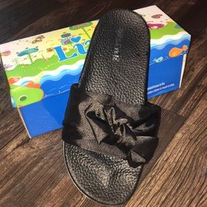NWOT Black Satin Slip On Sandles